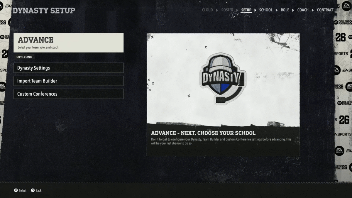create online dynasty cfb 26 setup