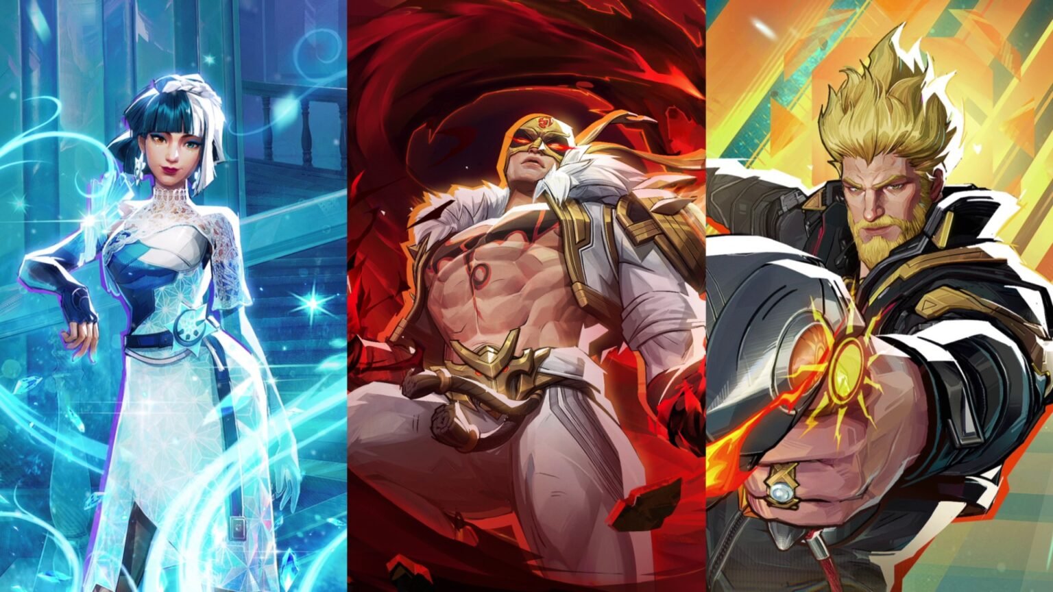 Marvel Rivals screenshot featuring Luna Snow (Shining Star), Iron Fist (Immortal Weapon of Agamotto) and Star-Lord's (Master of the Sun) MVP animations.