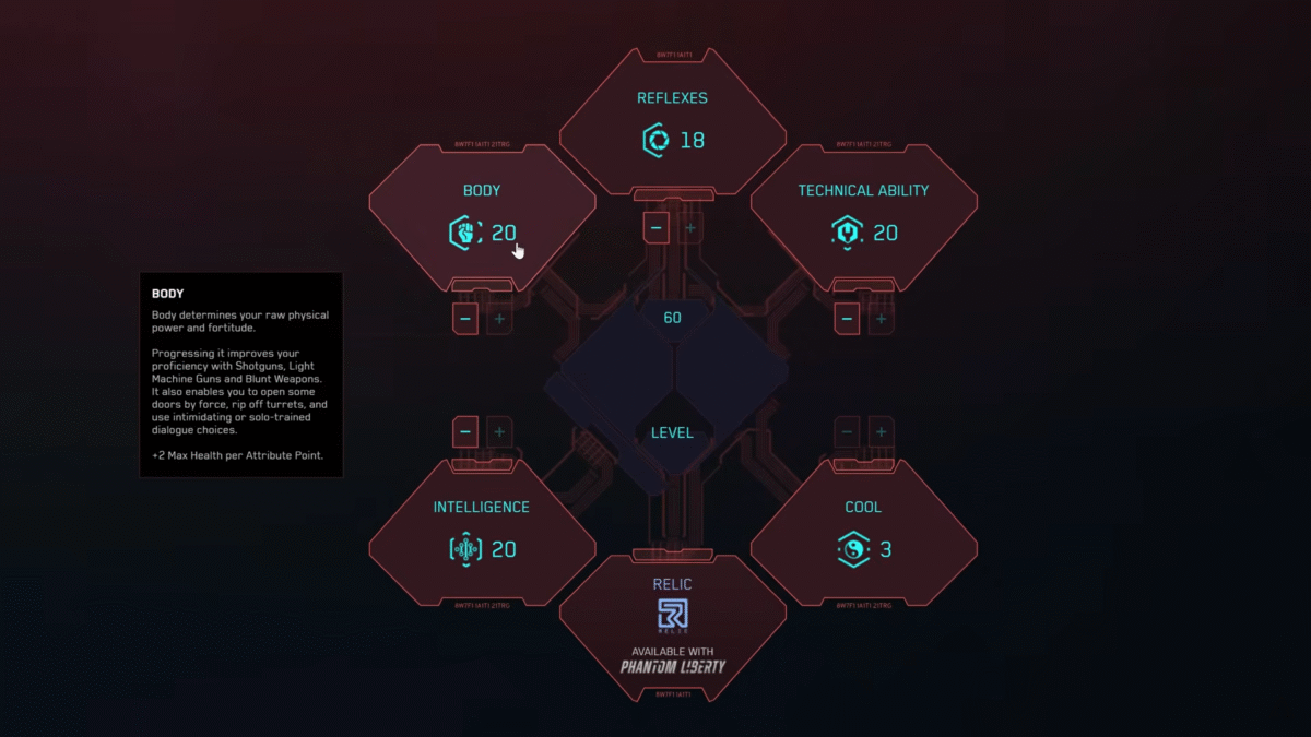 Cyberpunk 2077 Attribute Point Selection Screen