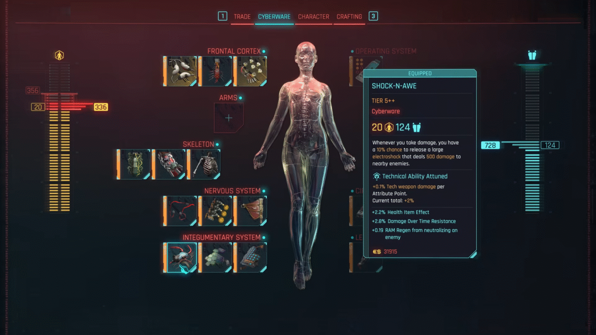Cyberpunk 2077 Cyberware Selection Screen