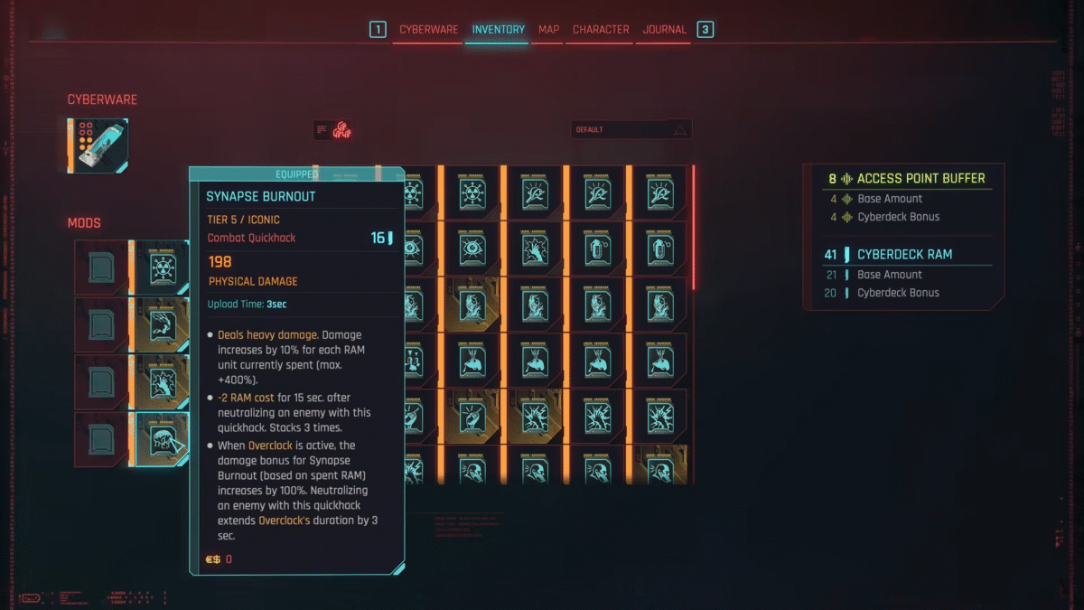 Cyberpunk 2077 List of Quickhack Screen