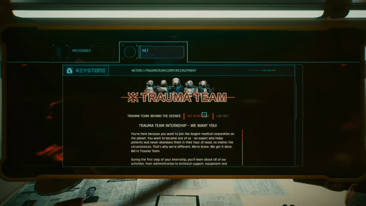 Cyberpunk 2077, Trauma Team Website on Terminal