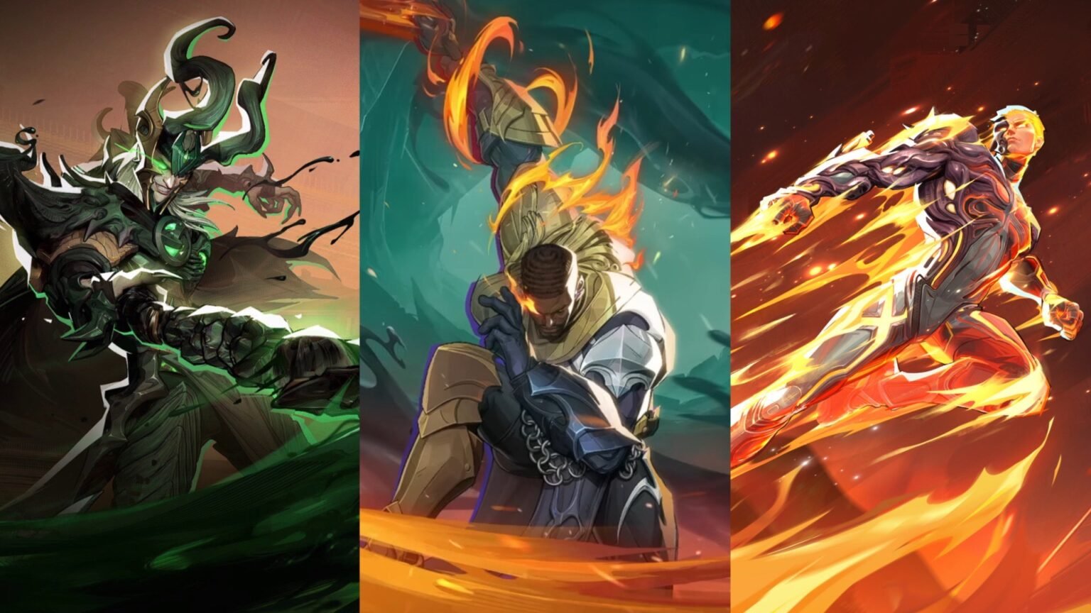 Marvel Rivals screnshot featuring Loki (All-Butcher), Blade (Polarity Edge) and Human Torch's (Negative Zone) MVP (from left to right)