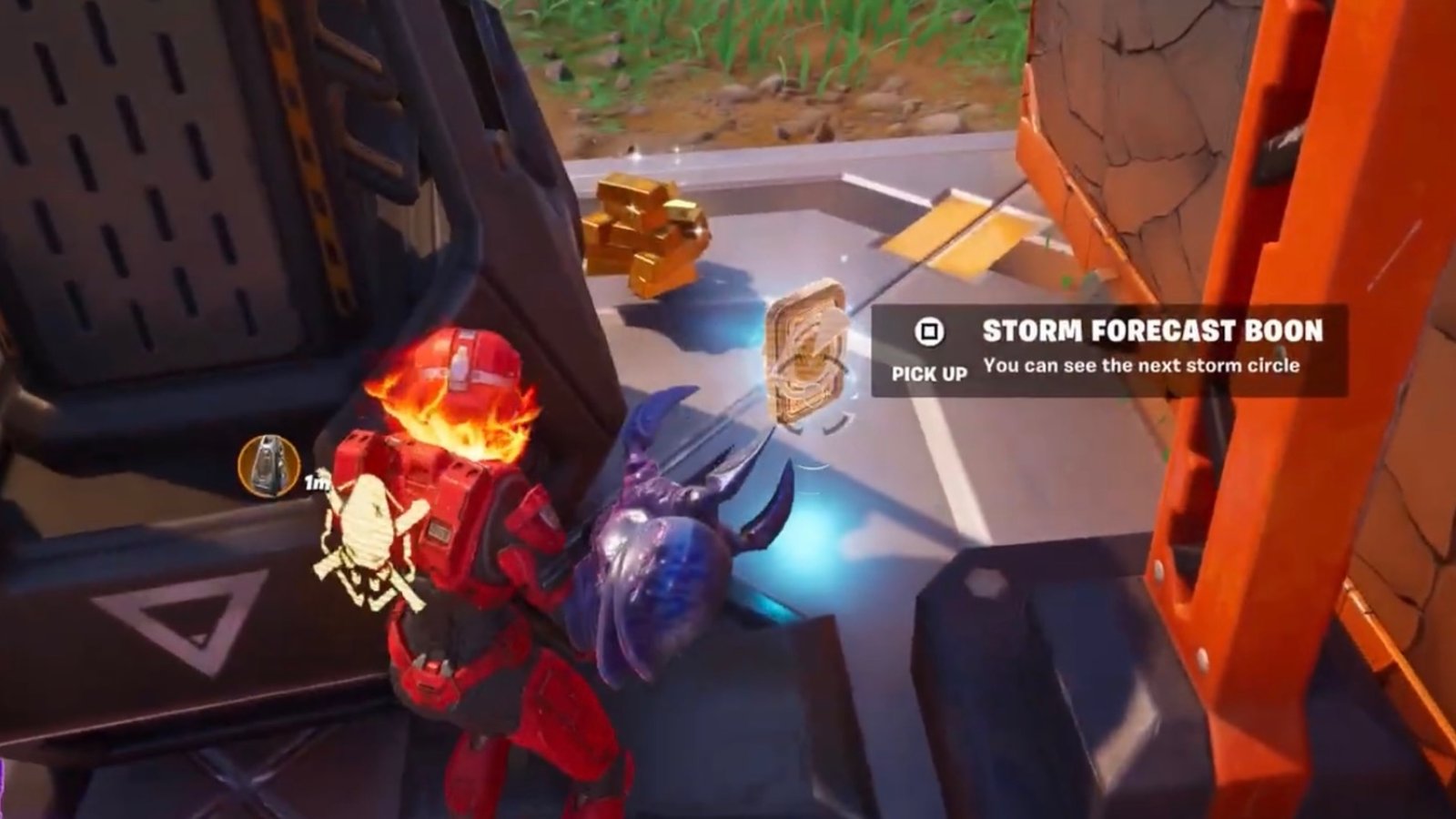 Fortnite screenshot featuring a Red Spartan opening a Pod Drop and obtaining the Storm Forecast Boon.