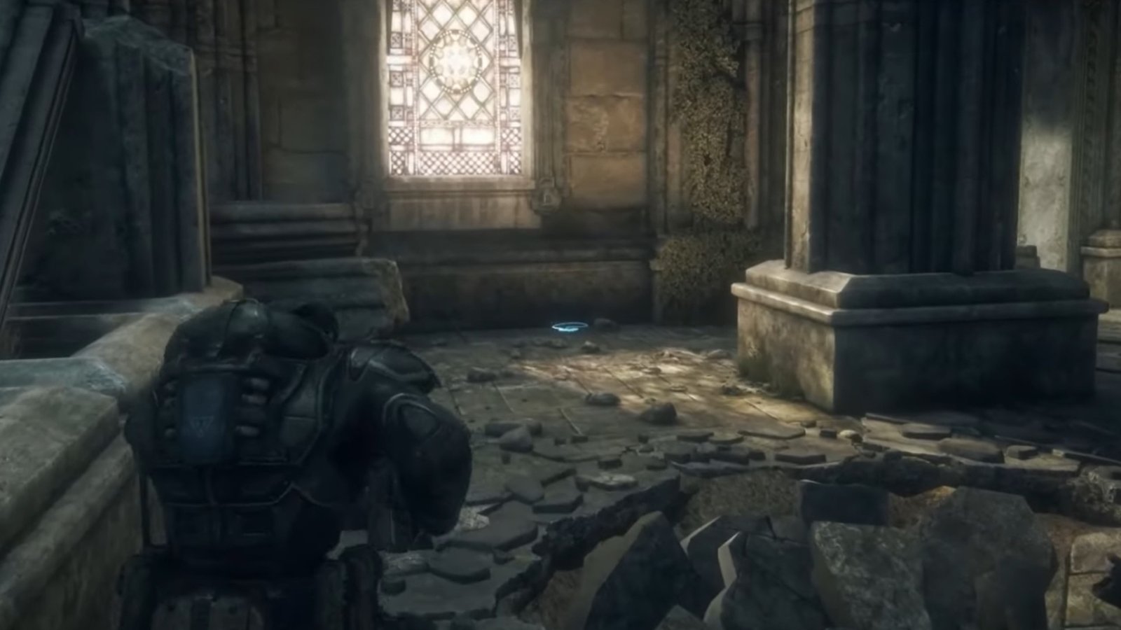 Gears of War: Reloaded screenshot featuring a COG Tag below a giant window by a pillar.