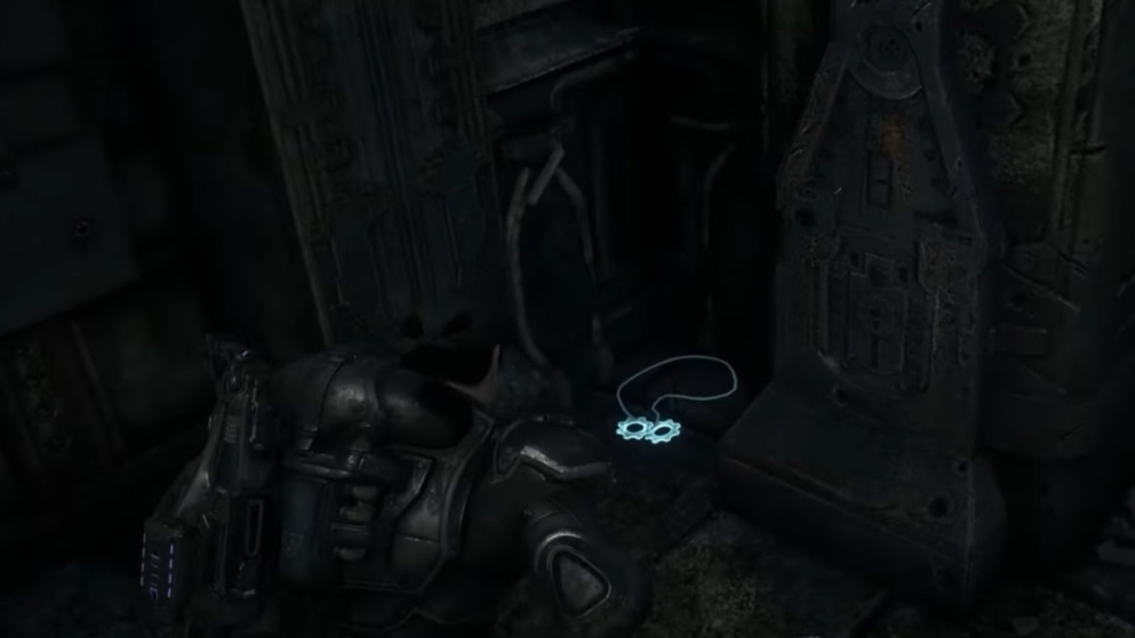 Gears of War: Reloaded screenshot featuring a COG Tag by a flight of stairs.