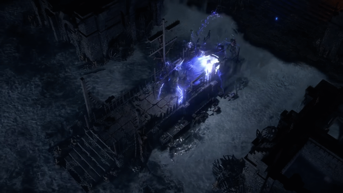 Path of Exile 2 lightening attack in narrow hallway