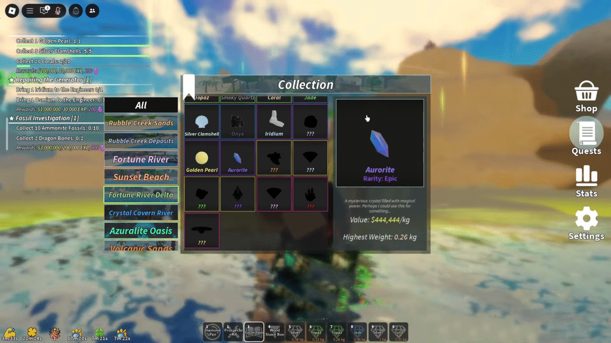 Prospecting! Roblox Aurorite Mineral Inventory Screen