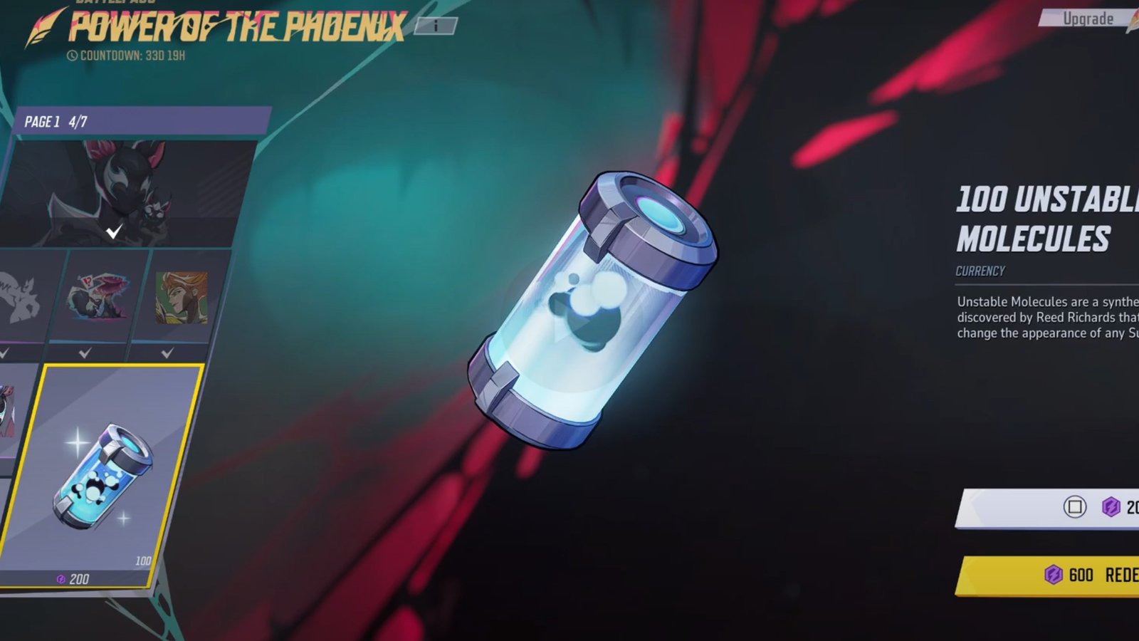 A screenshot from the Marvel Rivals Season 3.5 Battle Pass featuring an Unstable Molecule.