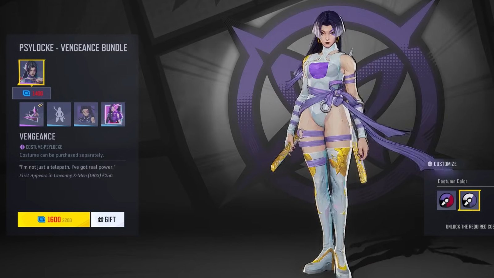 Marvel Rivals screenshot showcasing the Phantom Purple Chroma of Psylocke's Vengeance skin.