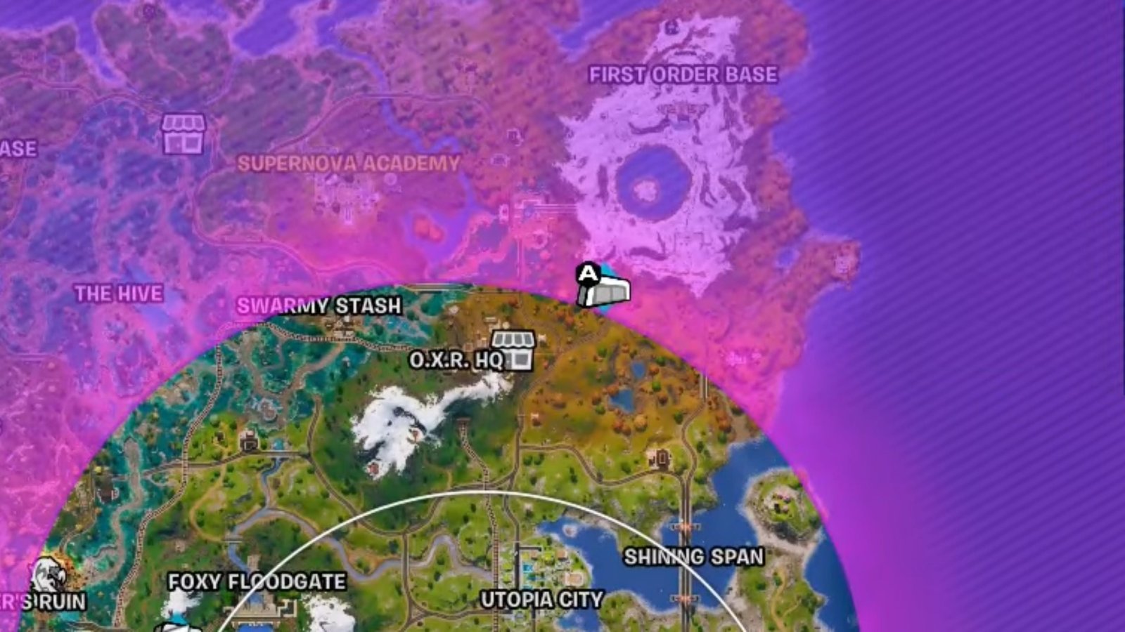 Fortnite screenshot featuring the map and an O.X.R. Bunker marker on it.