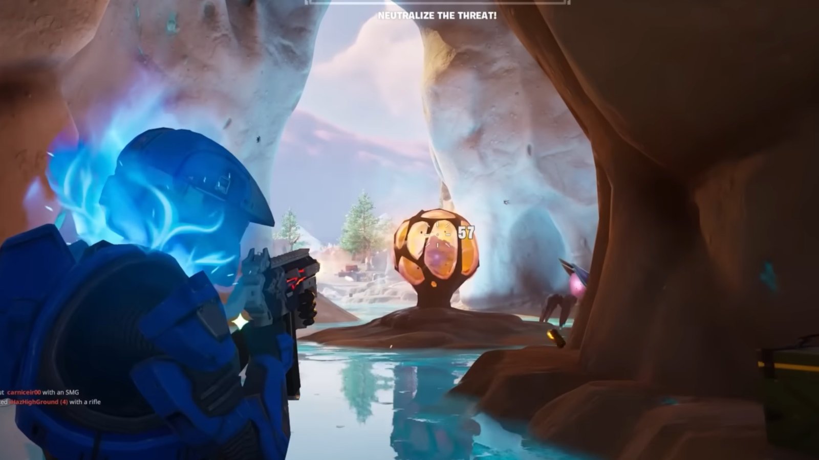 Fortnite screenshot featuring a blue Spartan shooting at the Hive Stash.