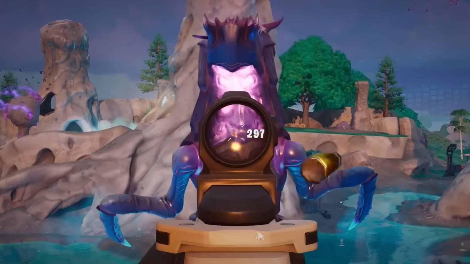 Fortnite screenshot featuring a player scoping and damaging the weak point of the Bug Queen, the purple glow under her chin.