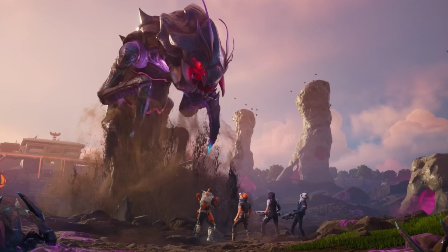 Fortnite screenshot featuring a squad of players looking up at the Bug Queen.