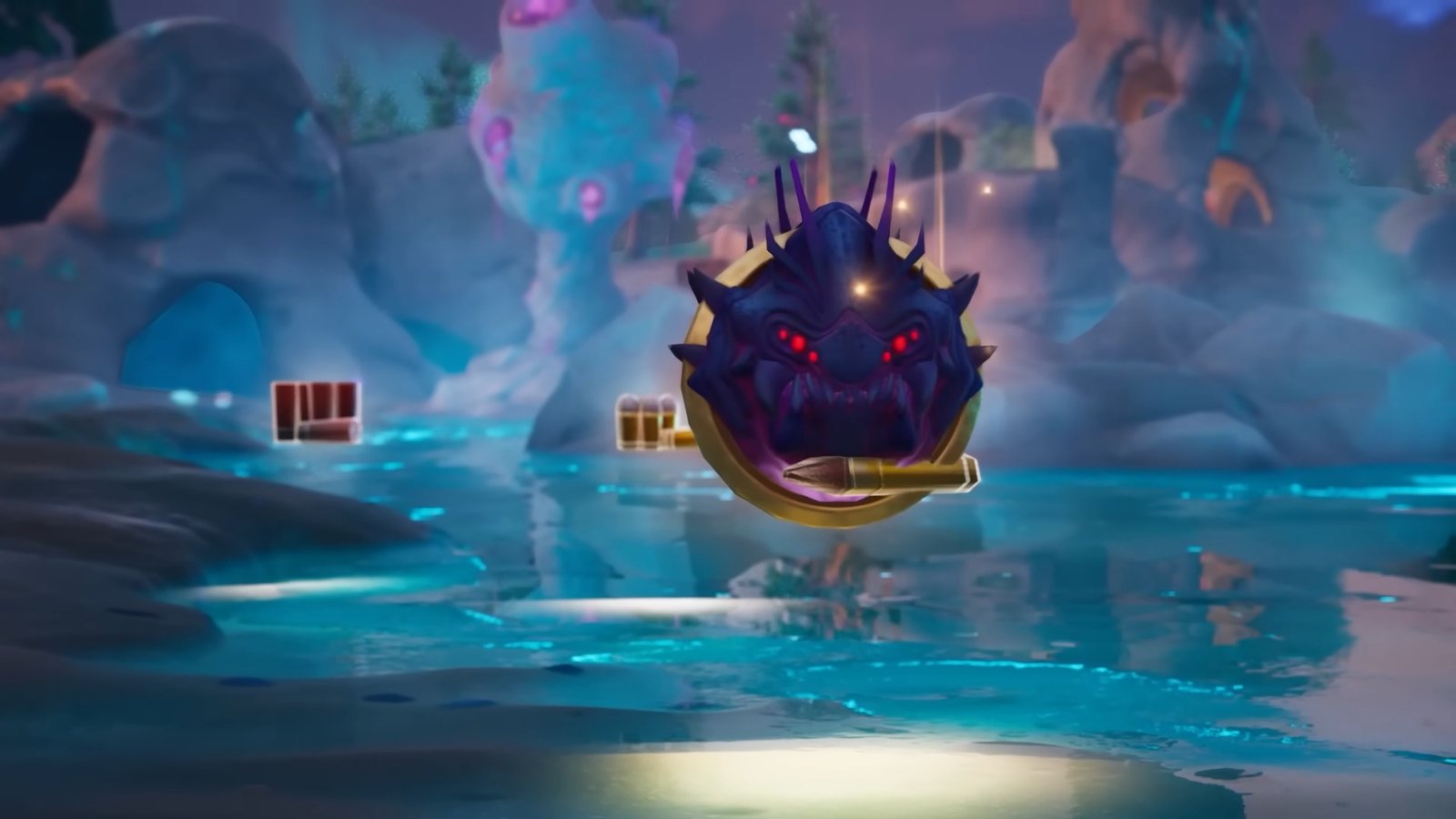 Fortnite screenshot featuring the Carapace Medallion and other ground loot.