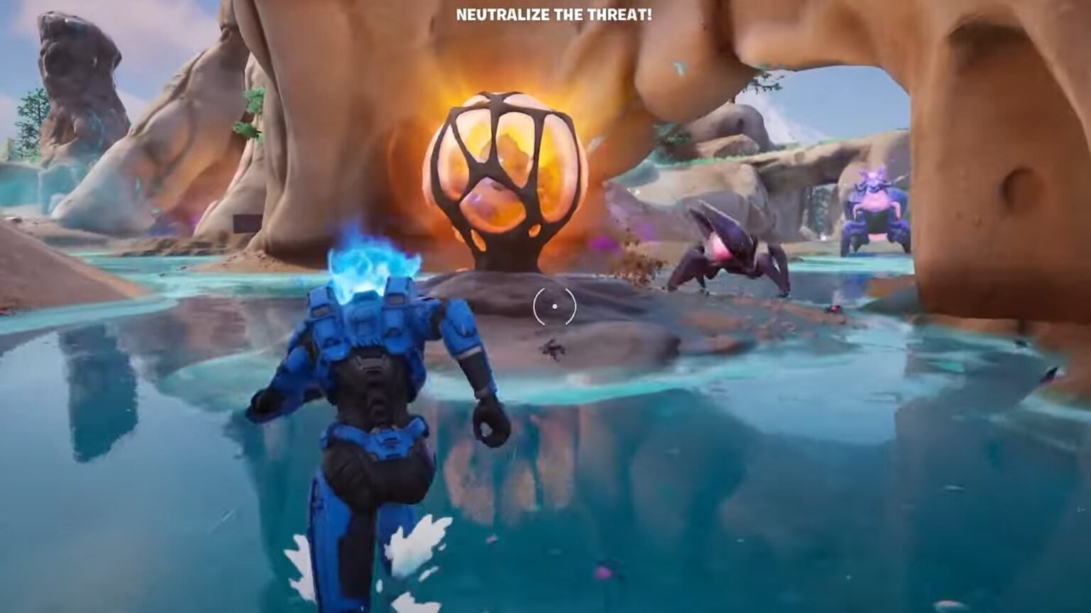 Fortnite screenshot featuring the Spartan sprinting at a Hive Stash with a Swarmer Bug beside the yellow orb.