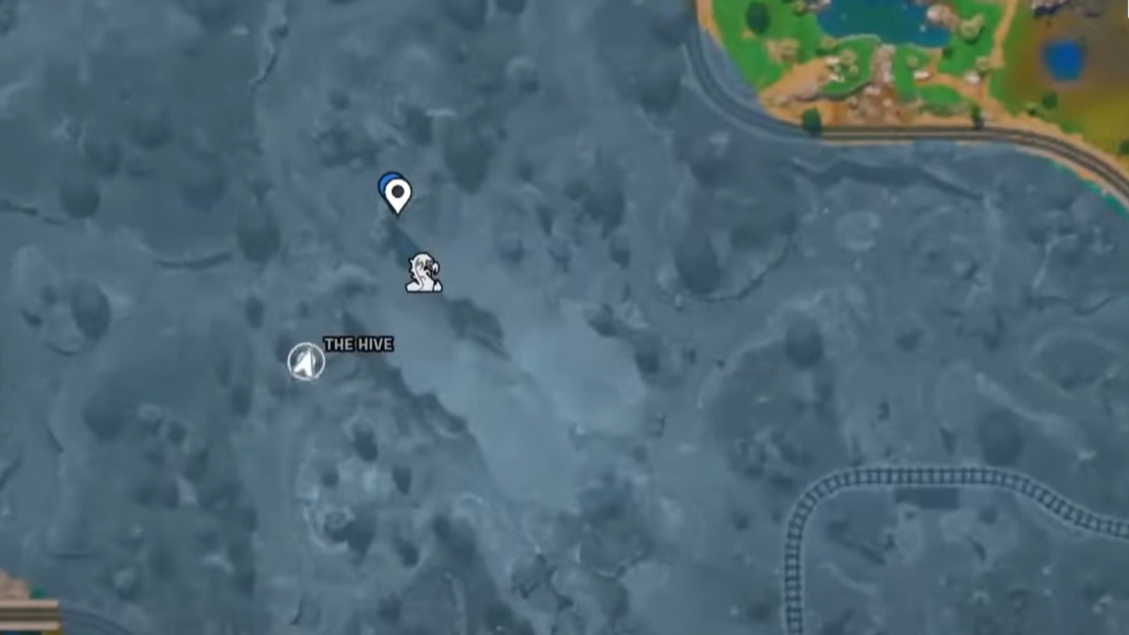 Fortnite map screenshot featuring the location of The Hive, one of the three locations where the Hive Stashes will spawn.