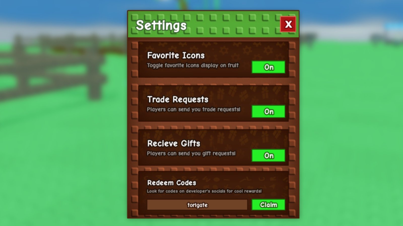 Grow a Garden screenshot featuring the Settings menu, inside which the Redeem Codes box is present.