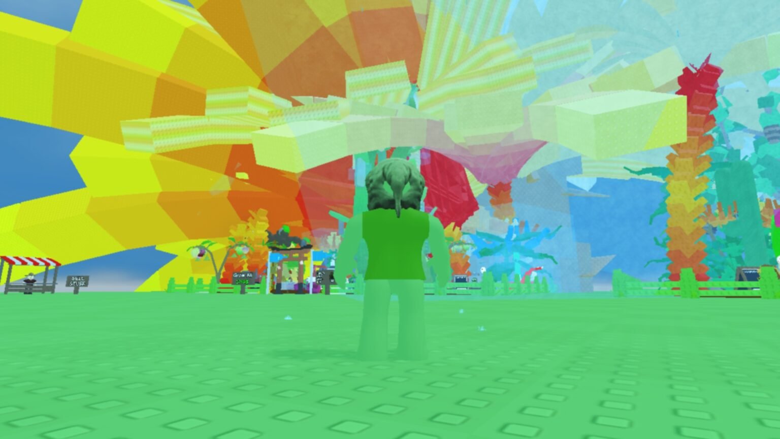 Roblox Grow a Garden screenshot featuring a player in front of a garden.