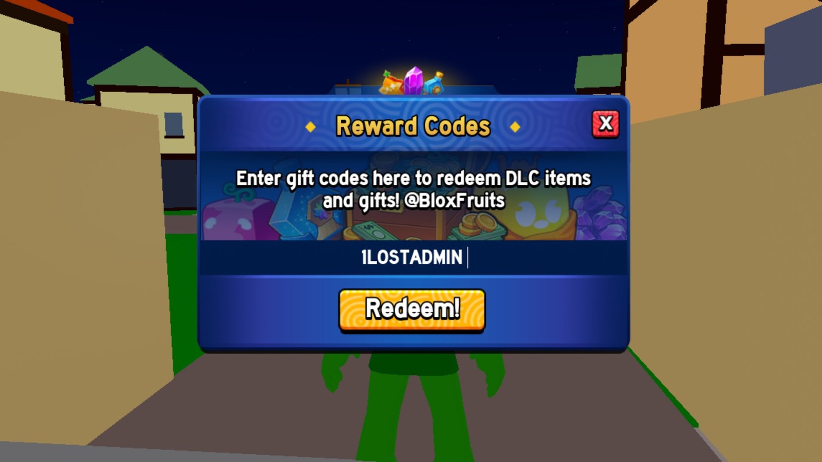 Roblox Blox Fruits screenshot featuring the Codes tab.