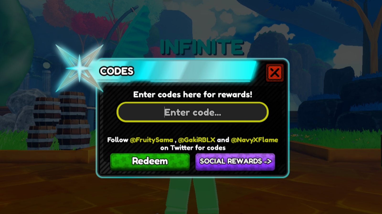 All Star Tower Defense X screenshot featuring the Enter Codes tab.