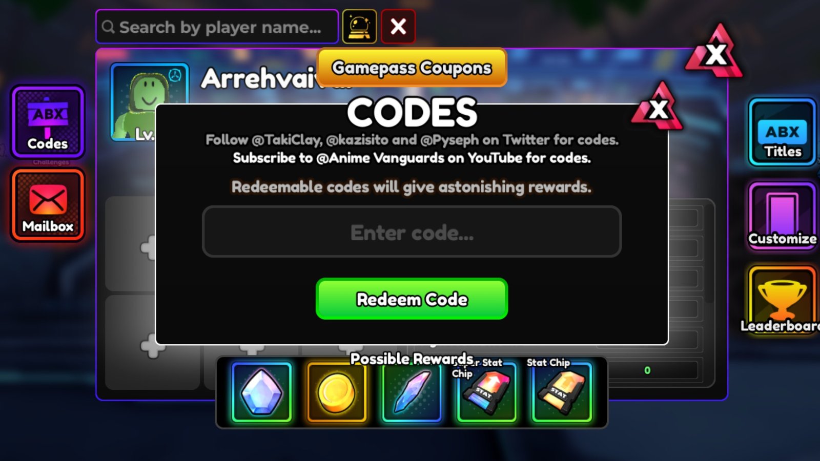 Anime Vanguards screenshot featuring the Codes tab.