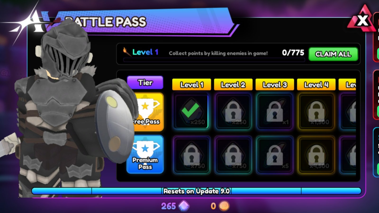 Anime Vanguards Battle Pass screenshot featuring the free and the Premium Tiers.