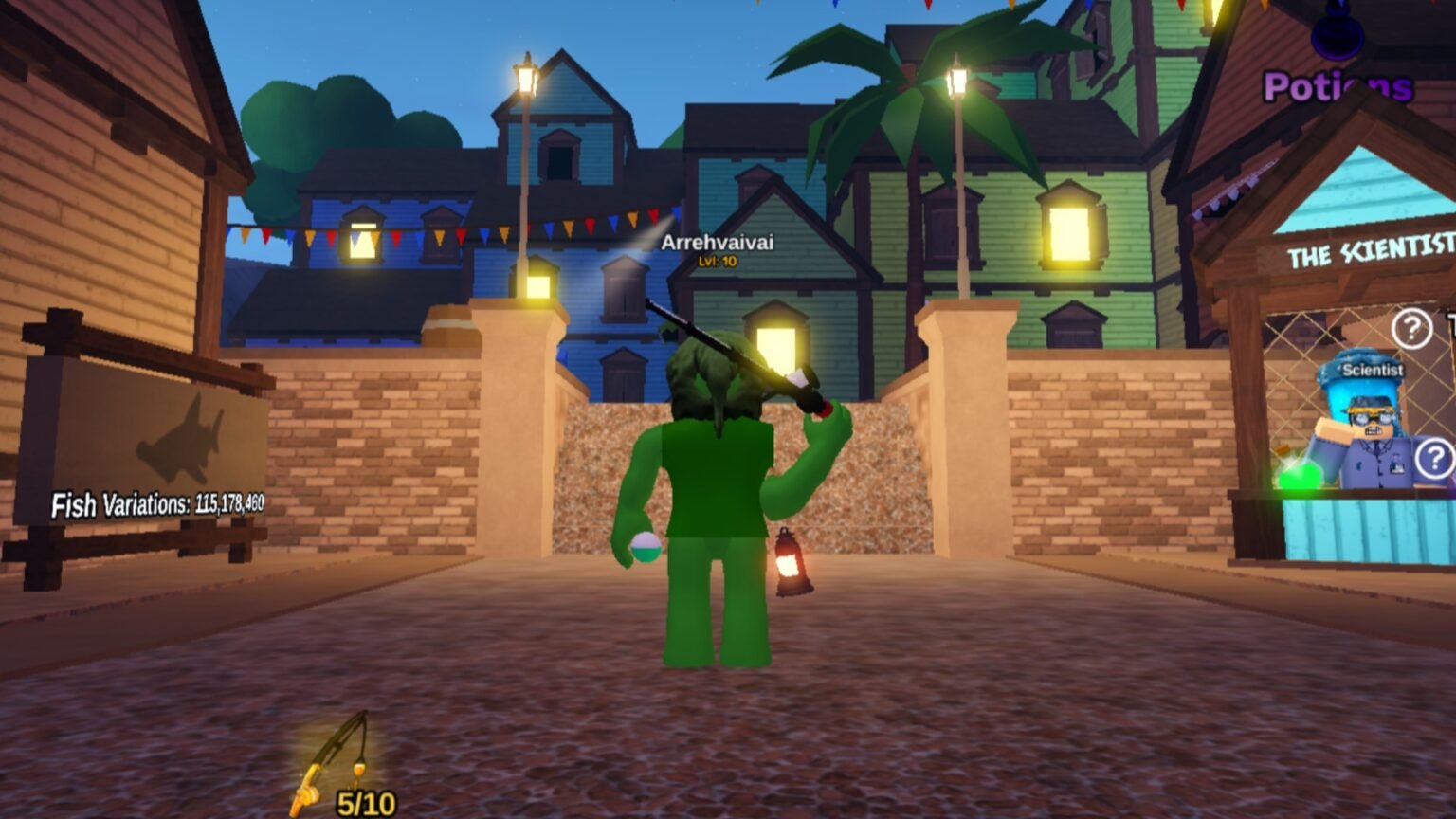 Roblox Fish It Lobby featuring a player near a flight of staircase.
