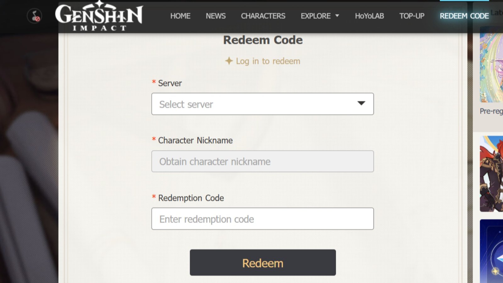 Genshin Impact website screenshot featuring the Redeem Code tab