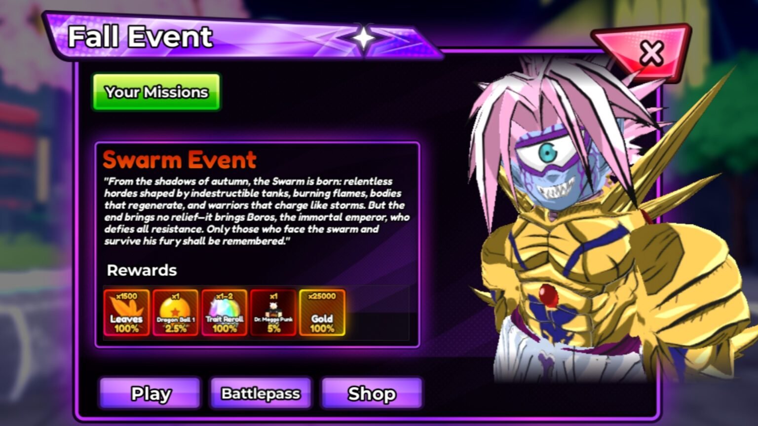 Roblox Anime Rangers X screenshot featuring the Swarm Event pop-up in-game.