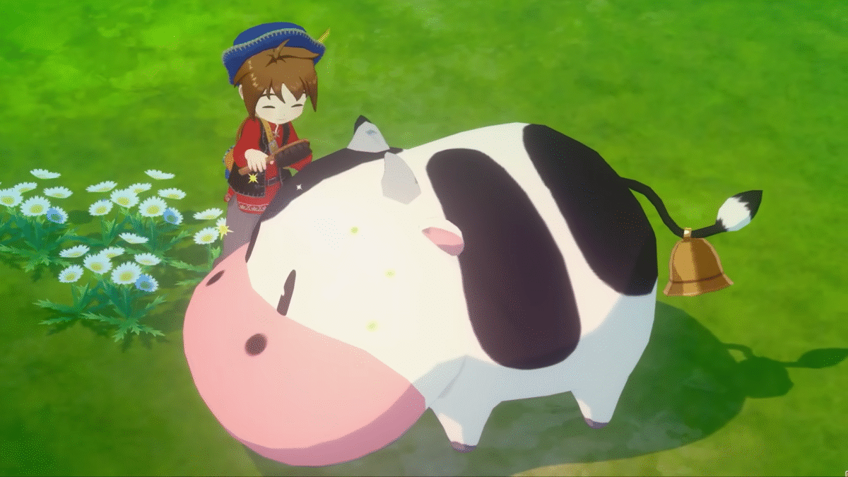 Story of Seasons Grand Bazaar Interacting with the Cow outside