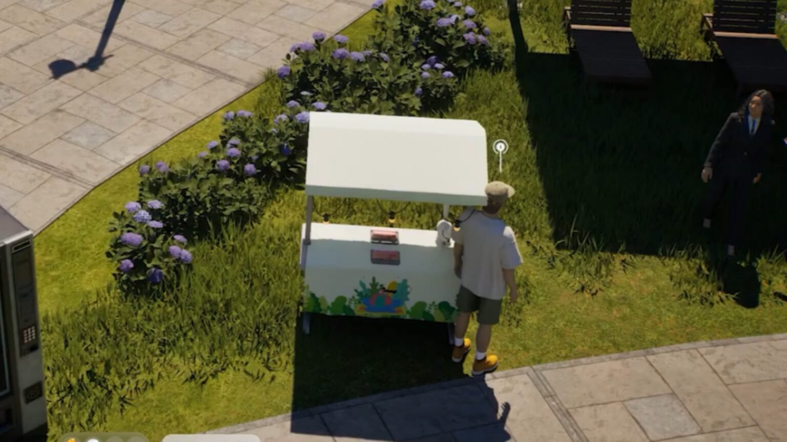 InZoi screenshot featuring a Zoi by a stall on a grassy area