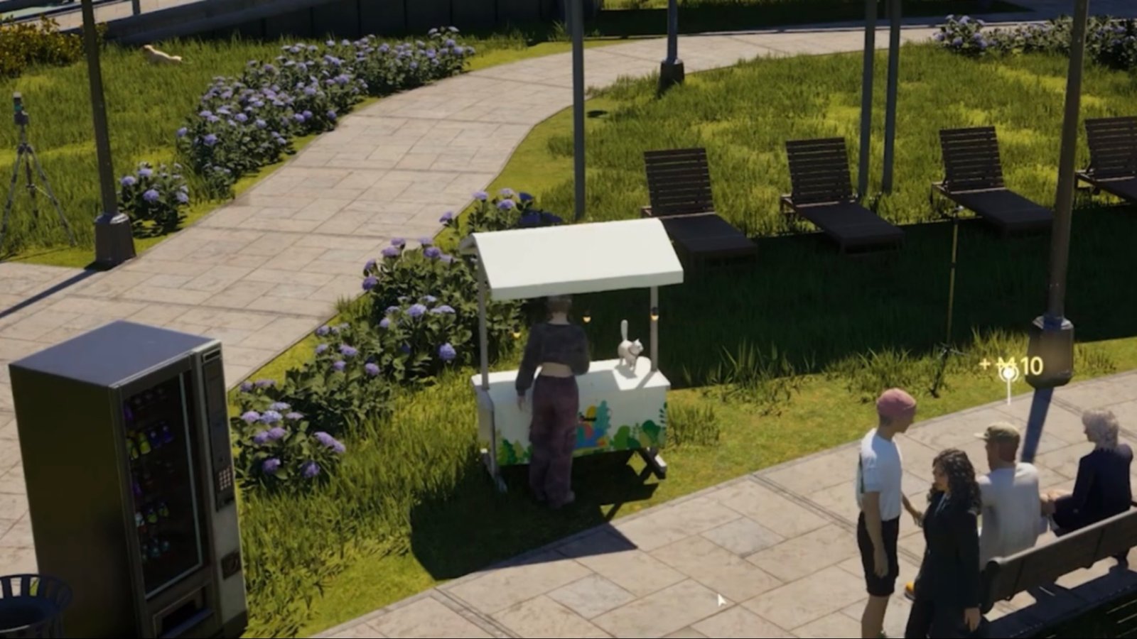 InZoi screenshot featuring a thief trying to steal from the stall, with a few bystanders on a bench by it. InZoi screenshot featuring a thief trying to steal from the stall, with a few bystanders on a bench by it.