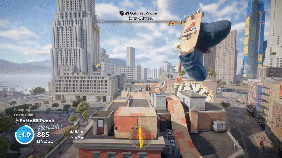 skate. Launching off a ramp over buildings in the air