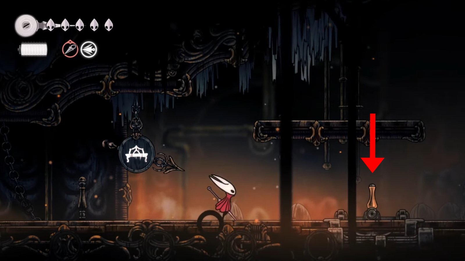 Hollow Knight: Silksong screenshot featuring Hornet at the elevator beside the second Bench icon.