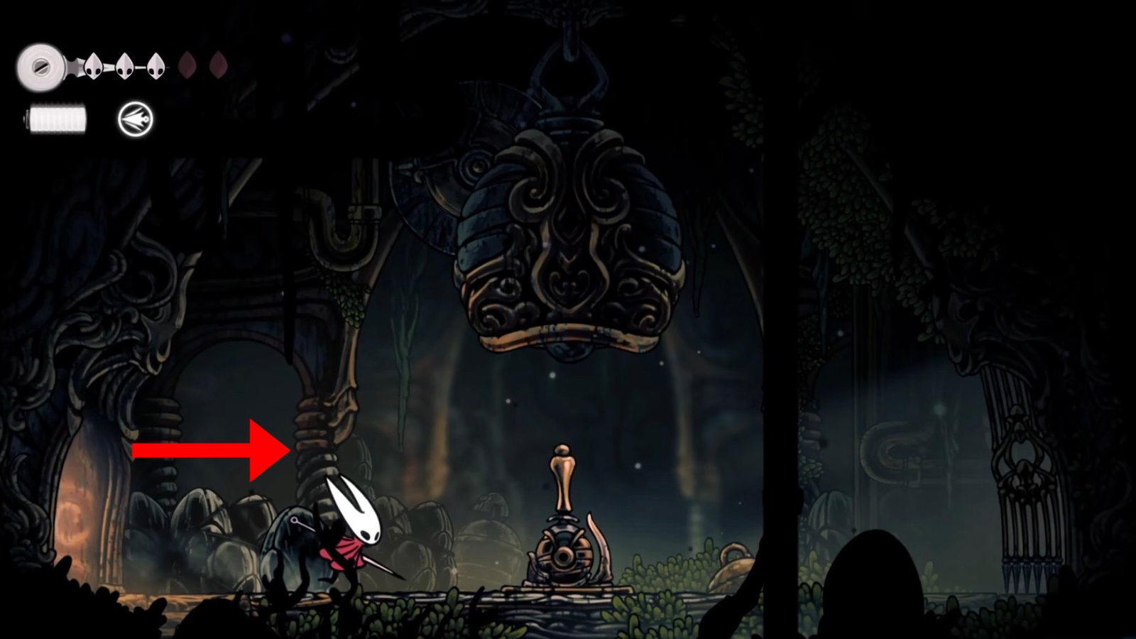 Hollow Knight: Silksong screenshot featuring Hornet at the final Deep Docks area, featuring a lever with a bell over it.