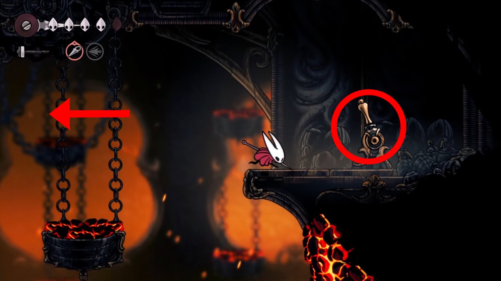Hollow Knight: Silksong screenshot featuring Hornet at the Spool Fragment Lever.