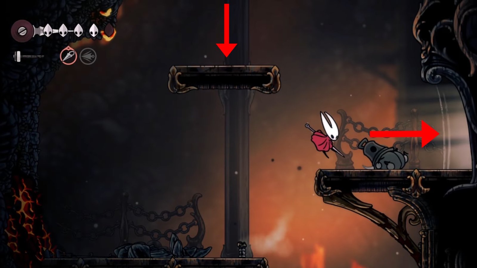 Hollow Knight: Silksong screenshot featuring Hornet jumping down on a platform and heading right.