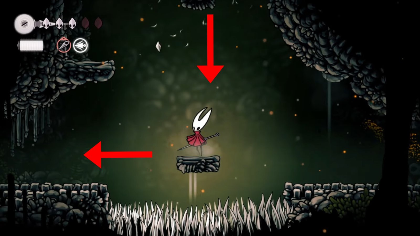 Hollow Knight: Silksong screenshot featuring Hornet on a platform with spikes underneath.
