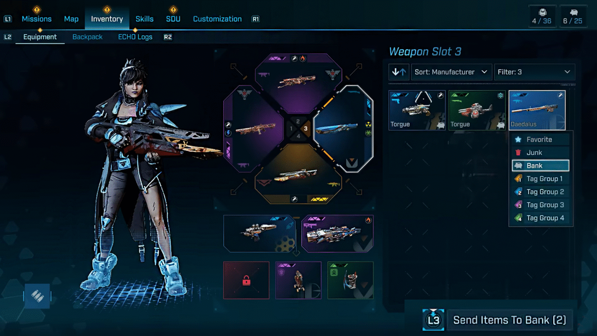 Borderlands 4 Inventroy Screen management Send item to bank option