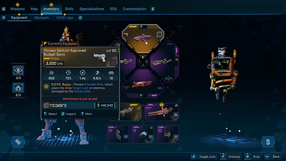 Borderlands 4 Thrown Dentist-Approved Budget Deity Pistol Legendary Weapon Inventroy Screen