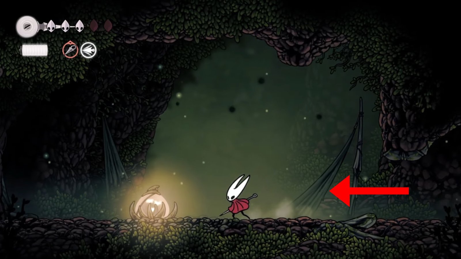 Hollow Knight: Silksong screenshot featuring Hornet at a glowing orb.