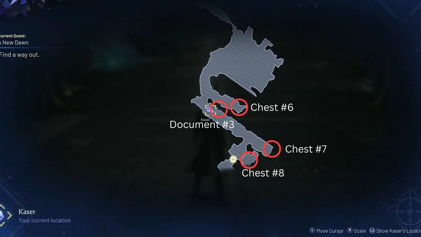 Map showing 3 chests and 1 document for Underground Laboratory in Lost Soul Aside