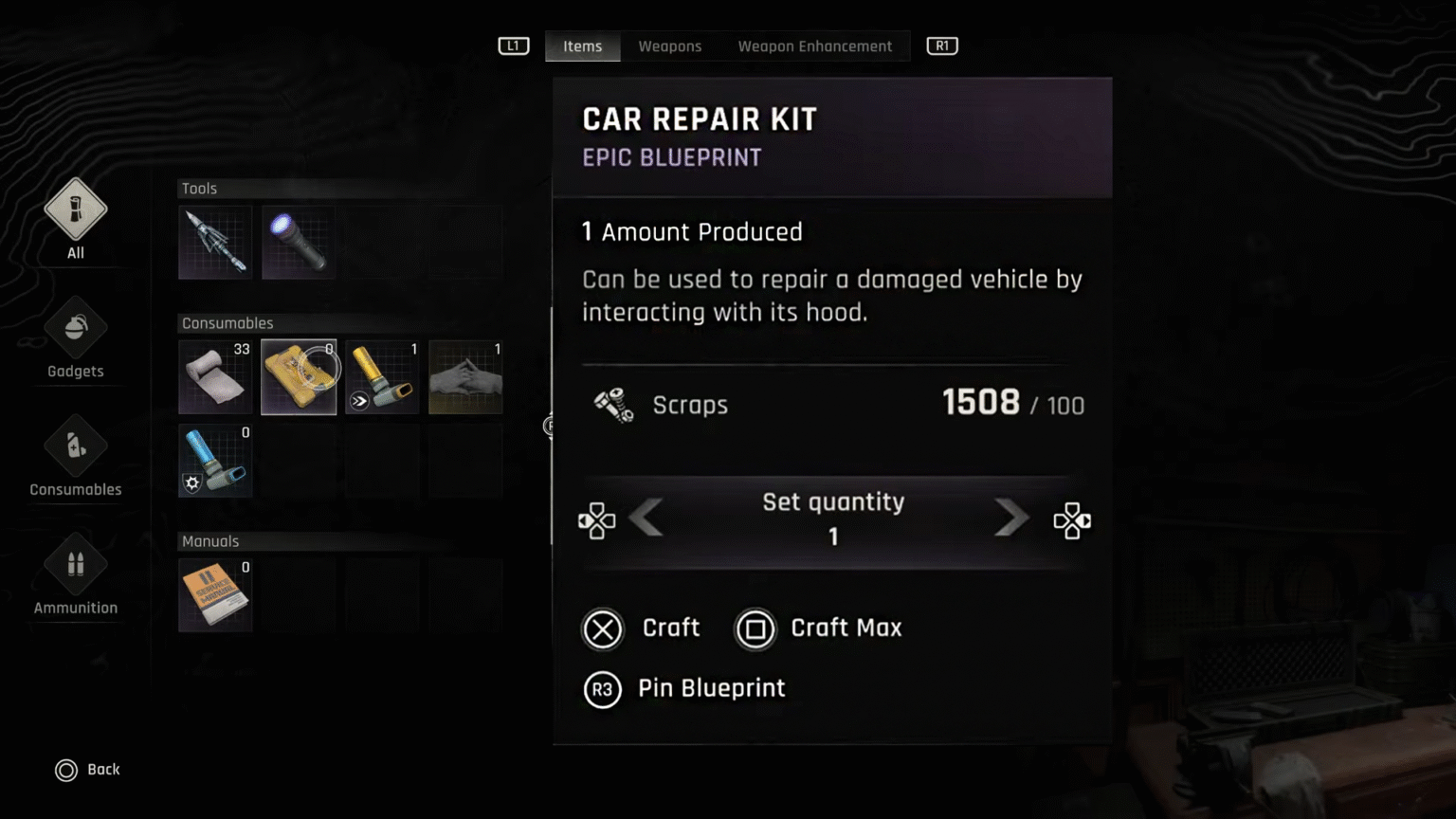 Dying Light The Beast Car Repair Kit Inventory Screen