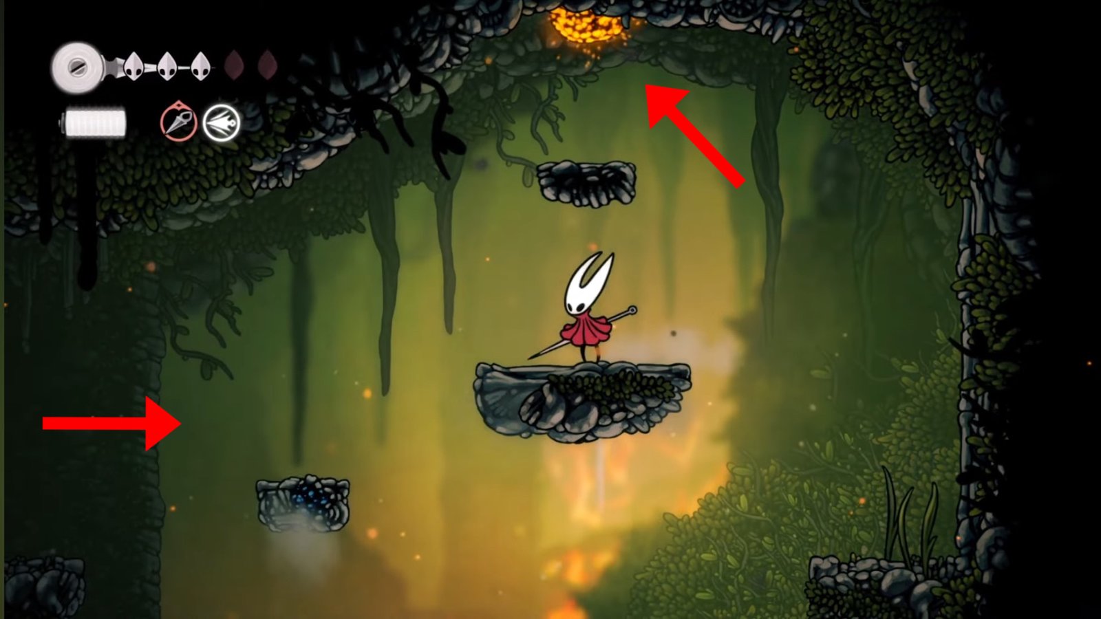 Hollow Knight: Silksong screenshot featuring Hornet on a platform with the lava blockage at the top.