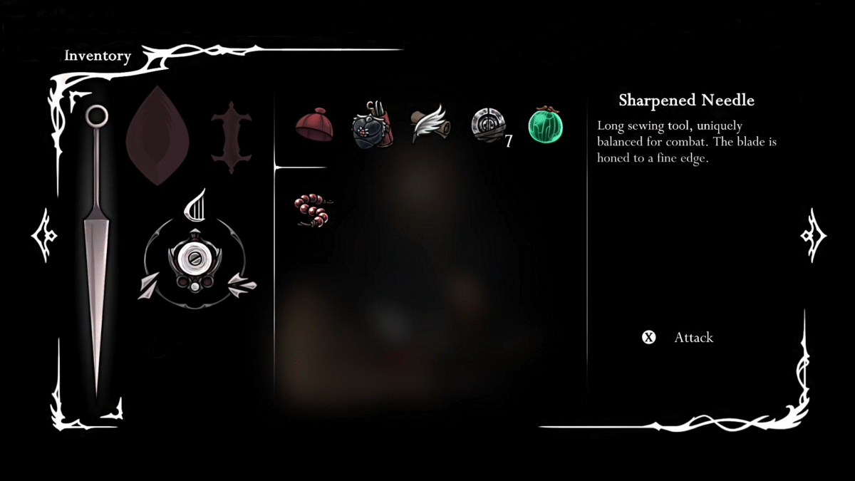 Hollow Knight Silksong Sharpened Needle Description Inventory Screen