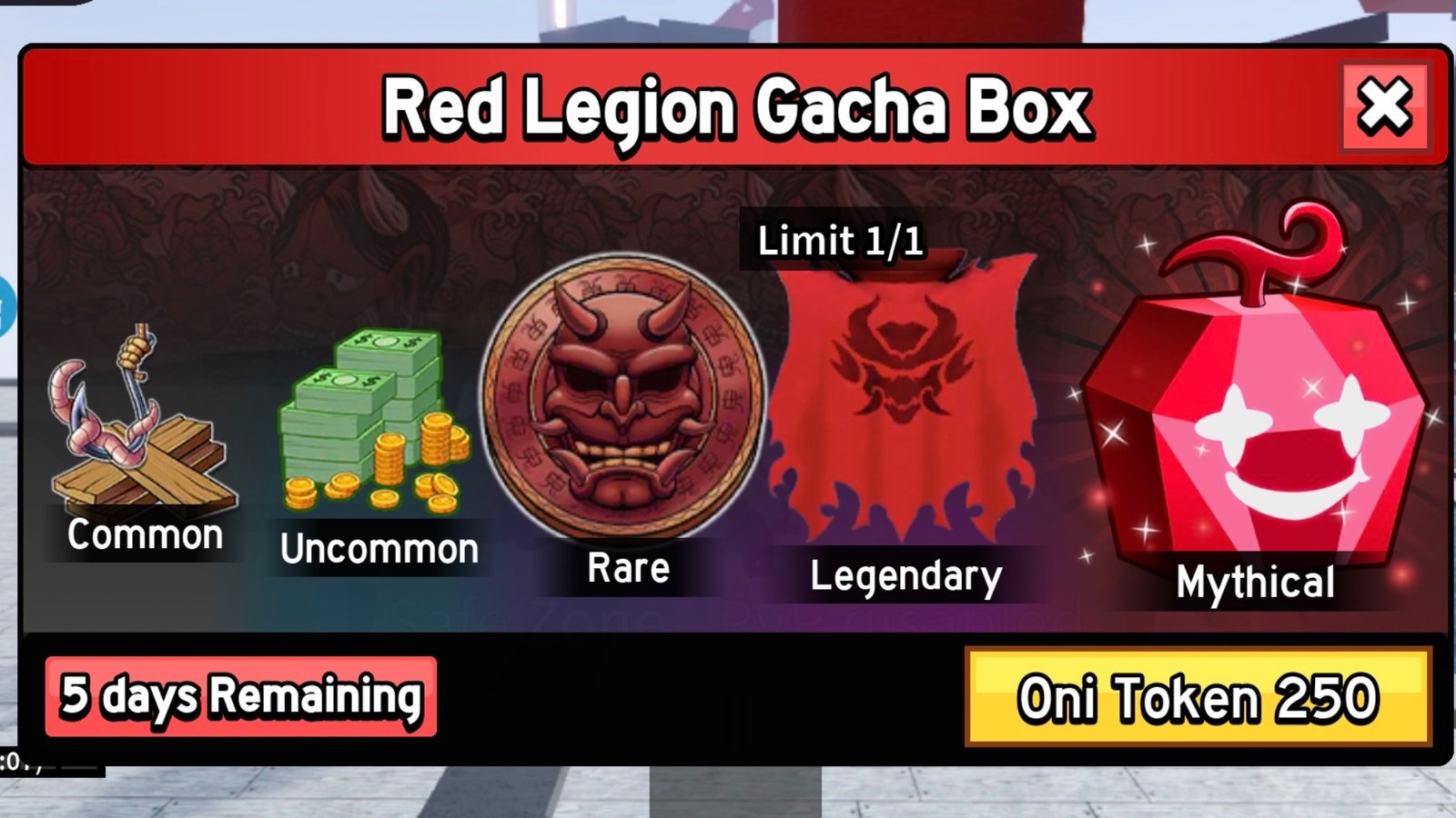 Blox Fruits screenshot featuring all Oni Rewards from the gacha.