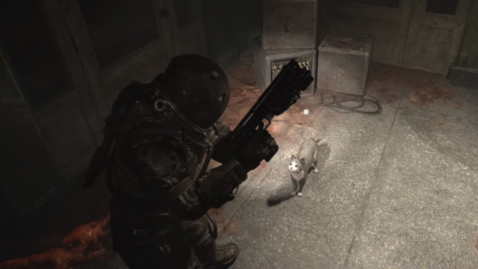 Cronos: The New Dawn screenshot featuring the Traveler looking at the second Cat, Mela, inside a room.