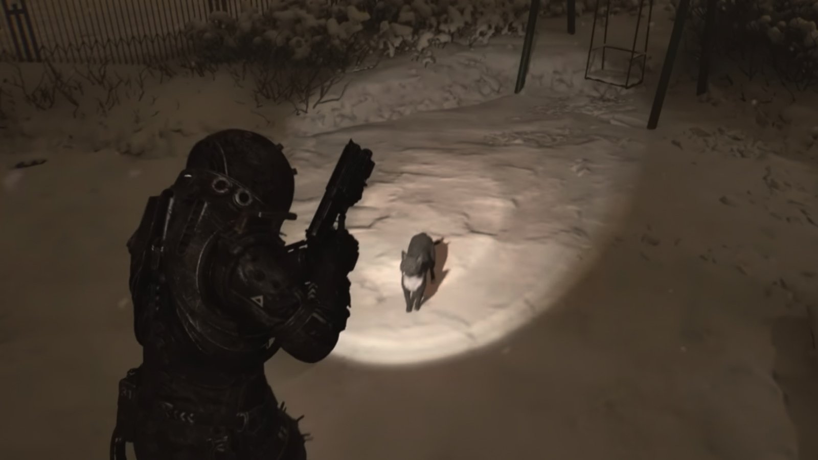 Cronos: The New Dawn screenshot featuring the Traveler looking at the third Cat, Karol,at the park.