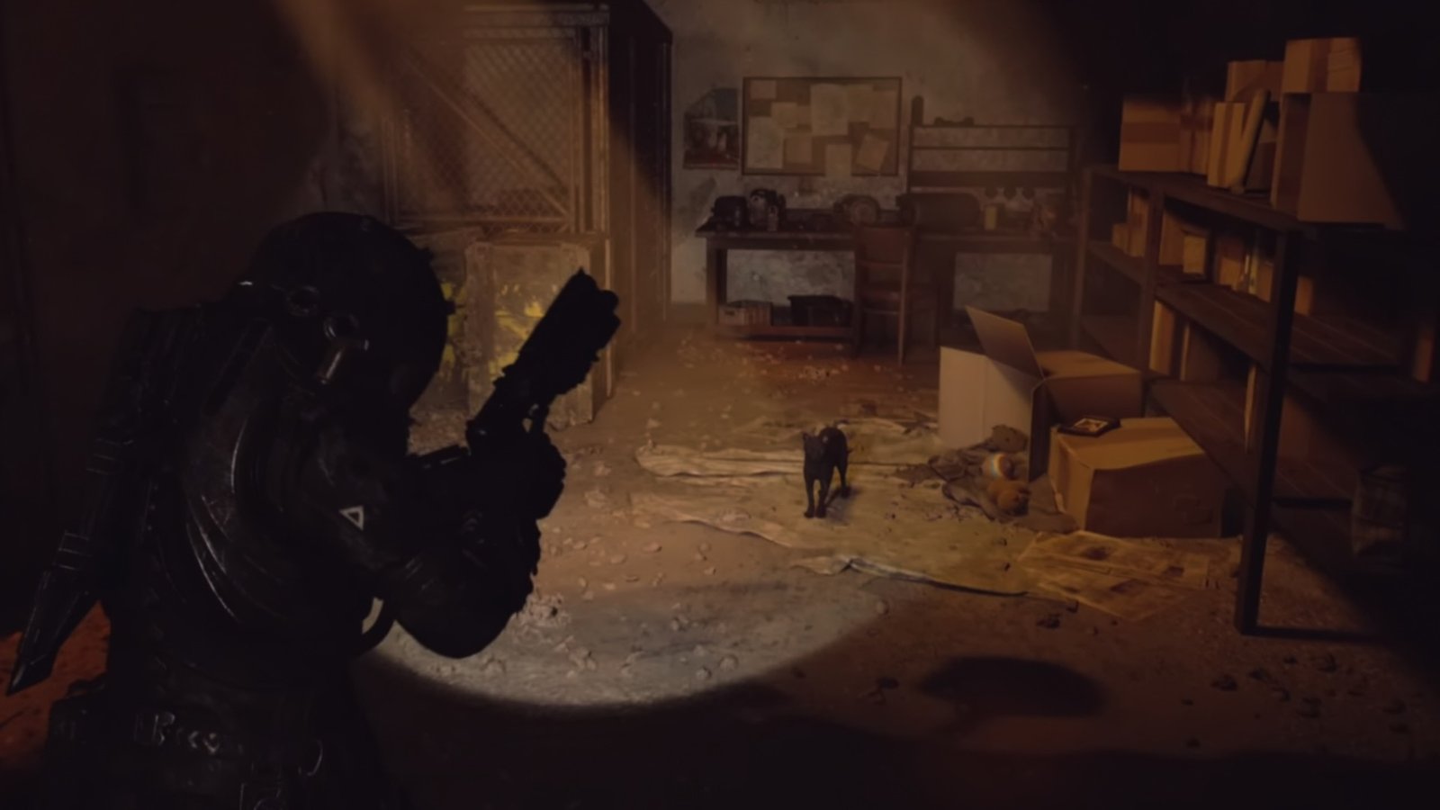 Cronos: The New Dawn screenshot featuring the Traveler looking at fifth Cat, Merlin,inside a room.